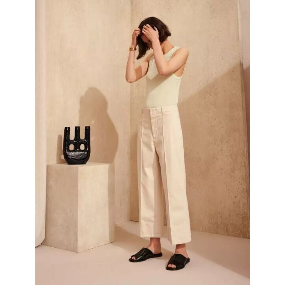 Bellerose Spree Trouser Pants 0 Ecru Cream Wide Leg Crop 100% Cotton High Waist